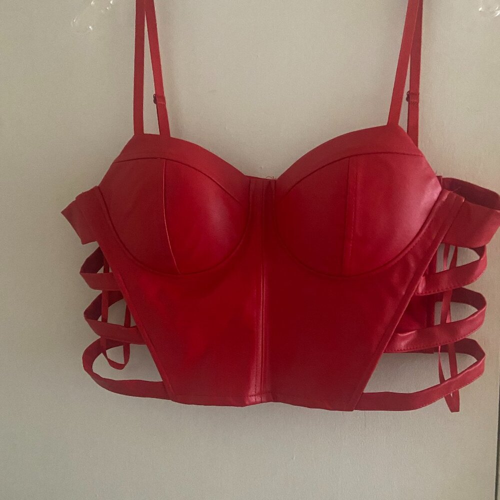 Red pleather bustier caged bodice